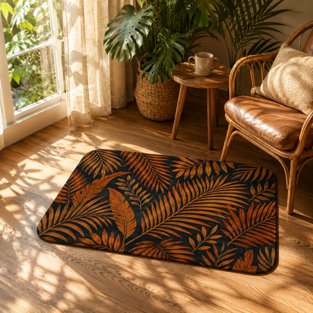 Tropical palm leaves accent rug on a hardwood floor next to a leather armchair.