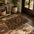 Tropical palm leaves doormat placed on a wooden floor at the front porch entryway.
