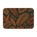 Tropical palm leaves doormat featuring amber and brown botanical fronds pattern on a dark background.