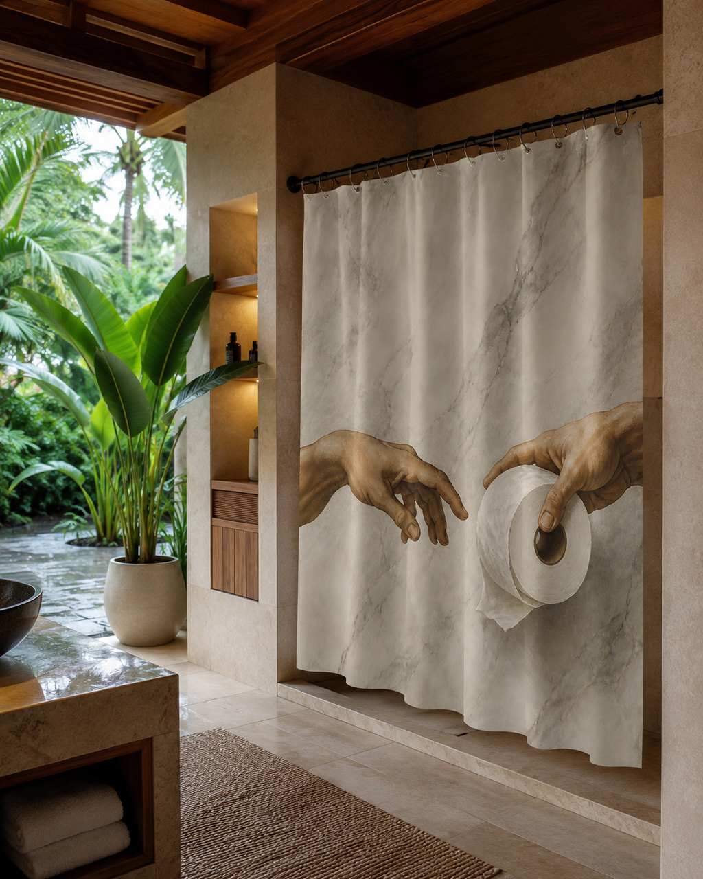 Open-air tropical resort bathroom with lush green palm trees in the background, featuring a humorous marble-print shower curtain next to a stone tub.