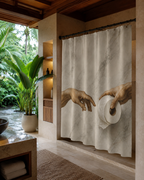Open-air tropical resort bathroom with lush green palm trees in the background, featuring a humorous marble-print shower curtain next to a stone tub.