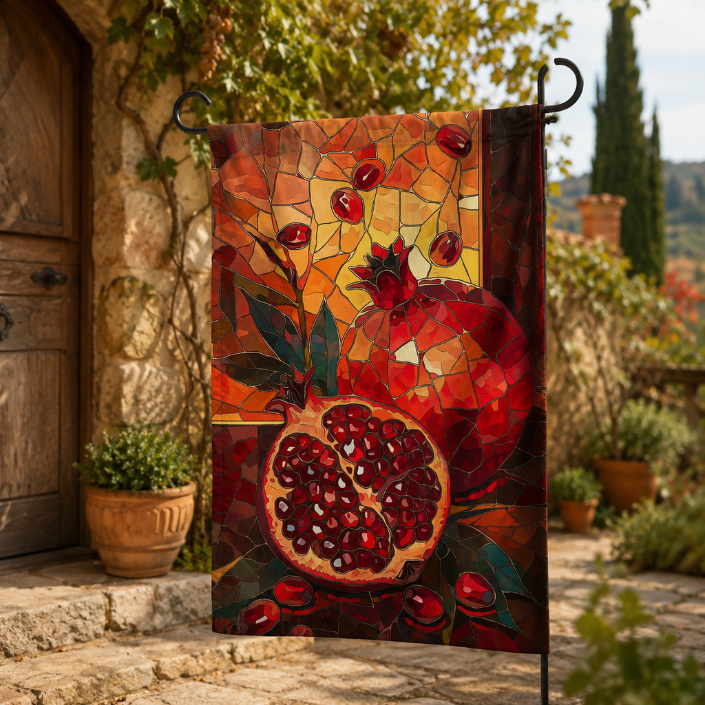 Stained glass pomegranate garden flag displayed outside a rustic Tuscan-style stone villa entrance.