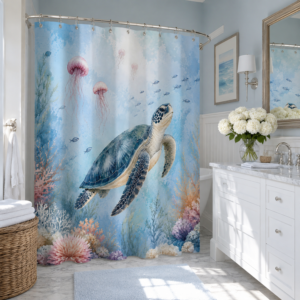 Vibrant marine life themed shower curtain featuring a sea turtle and coral reef artwork, complementing a classic white bathroom vanity with marble countertop and fresh flowers.