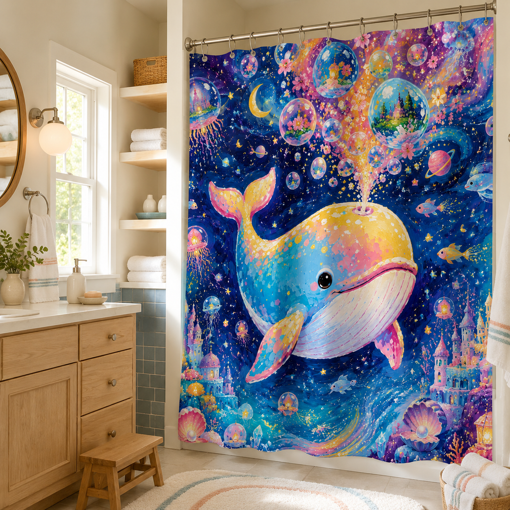 A fantasy undersea whale shower curtain installed in a bright bathroom with natural light, featuring a warm wooden vanity, round mirror, and woven storage baskets.