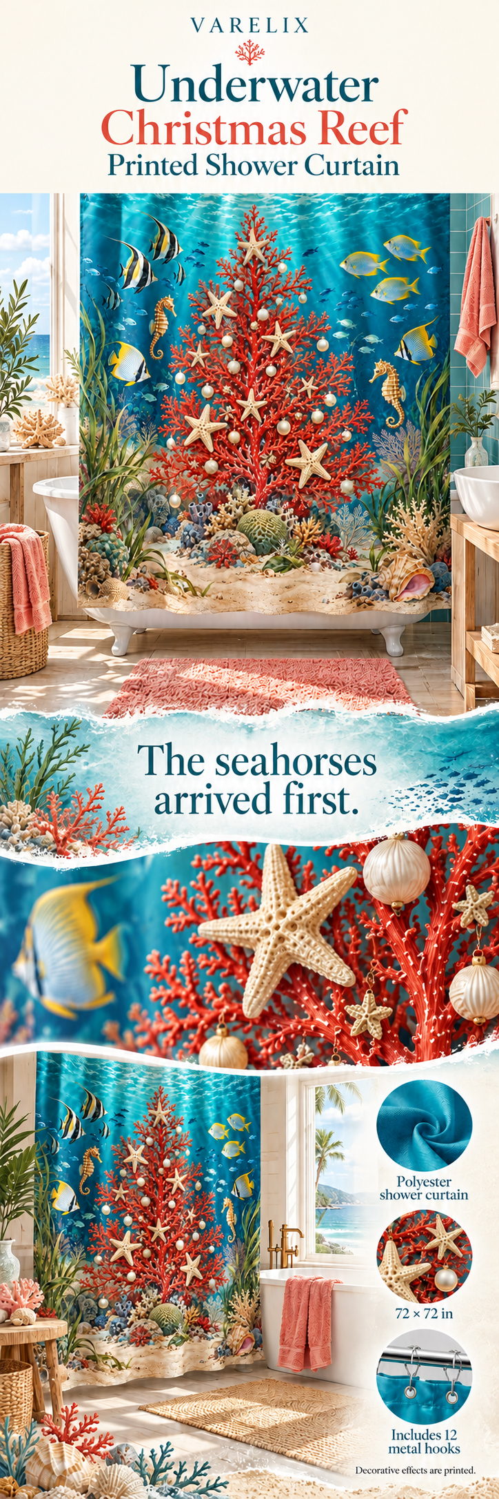 Underwater Christmas Reef Printed Shower Curtain by VARELIX, A+ detail poster with verified material, sizes and included items.