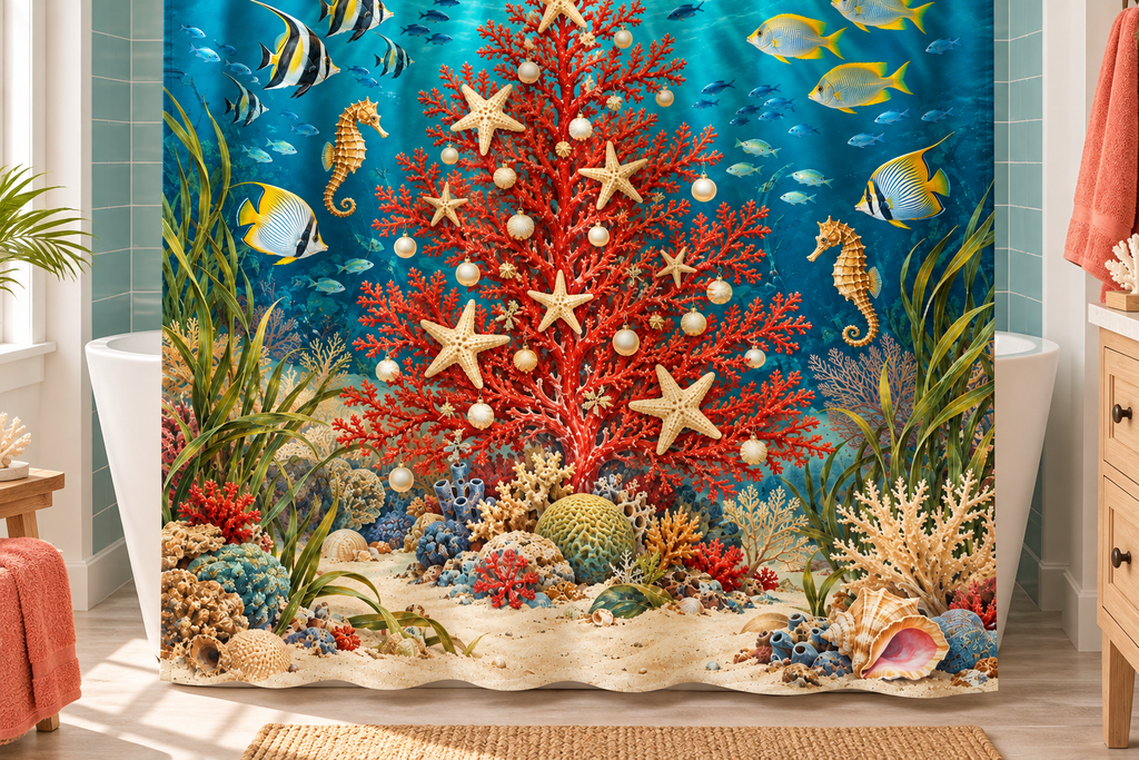 Underwater Christmas Reef Printed Shower Curtain, lifestyle view 1: Curtain fully drawn across a standard tub, nearly frontal view, entire square print readable, top rail and hooks cropped completely OUT OF FRAME; square print readable; no floor-length distortion.