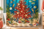 Underwater Christmas Reef Printed Shower Curtain, lifestyle view 1: Curtain fully drawn across a standard tub, nearly frontal view, entire square print readable, top rail and hooks cropped completely OUT OF FRAME; square print readable; no floor-length distortion.