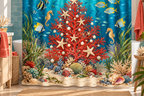 Underwater Christmas Reef Printed Shower Curtain, lifestyle view 2: Three-quarter view of a standard tub and square curtain, upper hardware cropped OUT OF FRAME, full printed motif visible with soft vertical folds, no window or fixture passing through cloth.