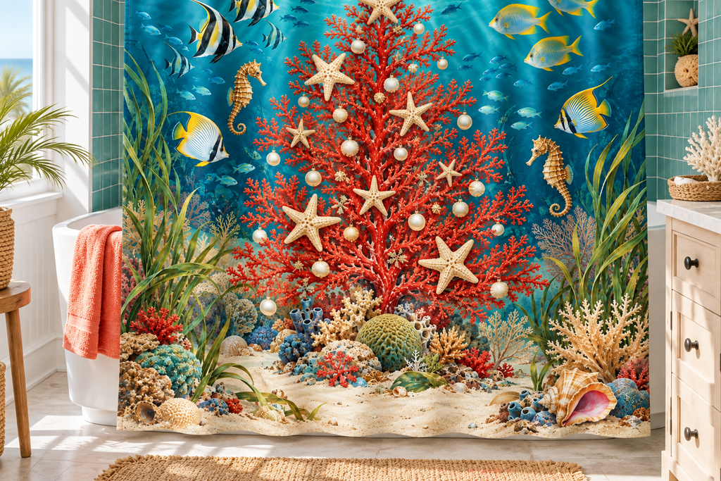 Underwater Christmas Reef Printed Shower Curtain, lifestyle view 3: A bright bathroom with square curtain as the dominant focal wall, medium-wide editorial view, top hardware deliberately cropped OUT OF FRAME, camera at natural eye level.