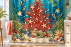 Underwater Christmas Reef Printed Shower Curtain, lifestyle view 3: A bright bathroom with square curtain as the dominant focal wall, medium-wide editorial view, top hardware deliberately cropped OUT OF FRAME, camera at natural eye level.