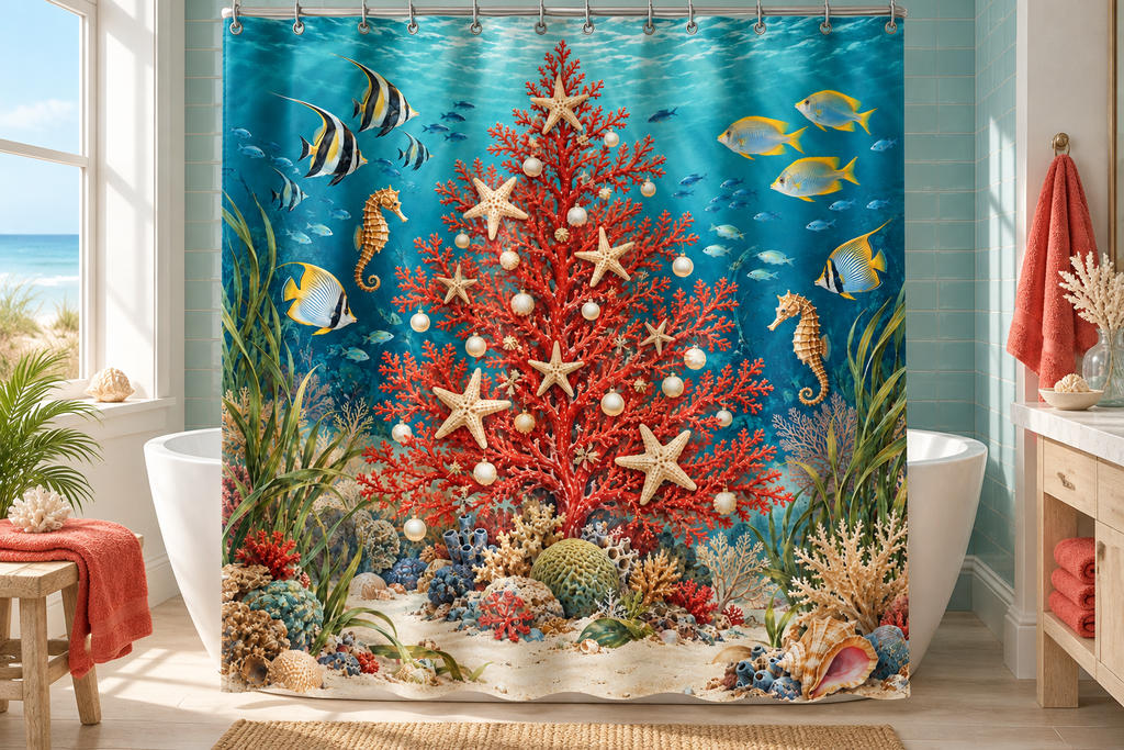 Underwater Christmas Reef Printed Shower Curtain, lifestyle view 4: Closer front-angle bathroom view focused on the full square printed curtain, restrained surroundings, realistic fabric folds without hiding the central design; top hardware cropped OUT OF FRAME.