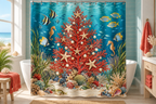 Underwater Christmas Reef Printed Shower Curtain, lifestyle view 4: Closer front-angle bathroom view focused on the full square printed curtain, restrained surroundings, realistic fabric folds without hiding the central design; top hardware cropped OUT OF FRAME.