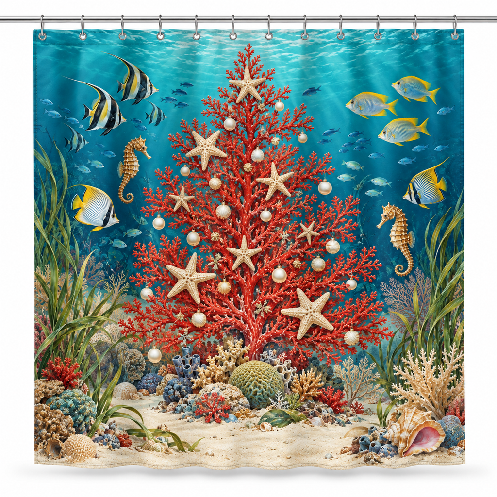 Underwater Christmas Reef Printed Shower Curtain on a white background, showing the complete printed design.
