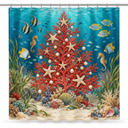 Underwater Christmas Reef Printed Shower Curtain on a white background, showing the complete printed design.