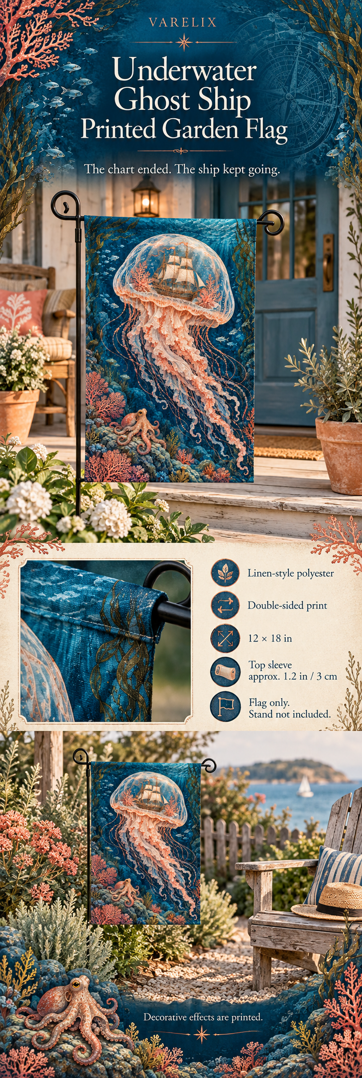 Underwater Ghost Ship Printed Garden Flag by VARELIX, A+ detail poster with verified material, sizes and included items.