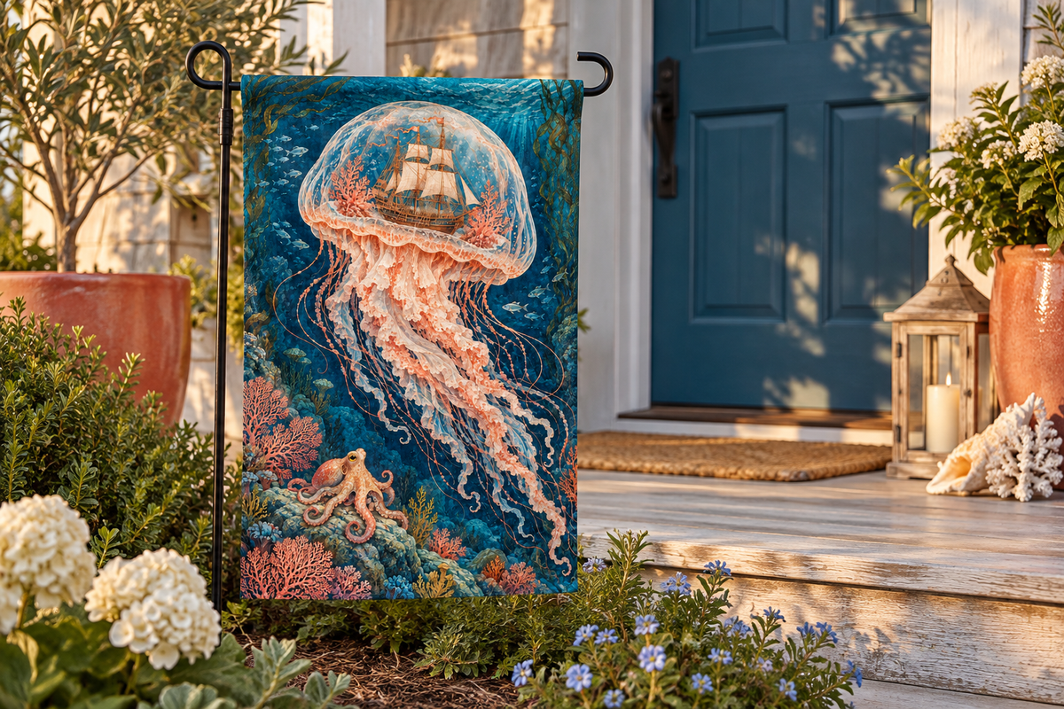 Underwater Ghost Ship Printed Garden Flag, lifestyle view 1: One flag on a simple separate black L-shaped garden stake beside a front porch planter, all of the flag readable, late-afternoon natural light.