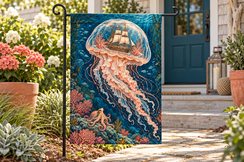 Underwater Ghost Ship Printed Garden Flag, lifestyle view 2: One flag on a separate black garden stake along a short garden path, lower garden view with planting behind; no people, full rectangle visible.