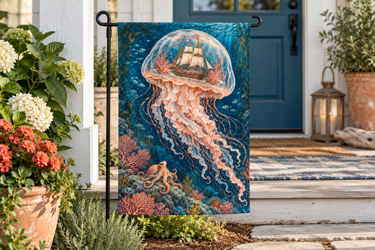 Underwater Ghost Ship Printed Garden Flag, lifestyle view 3: Closer view of the flag on its separate black L-shaped stake near a porch post, the real cloth top sleeve threading over the horizontal bar, print clearly readable.