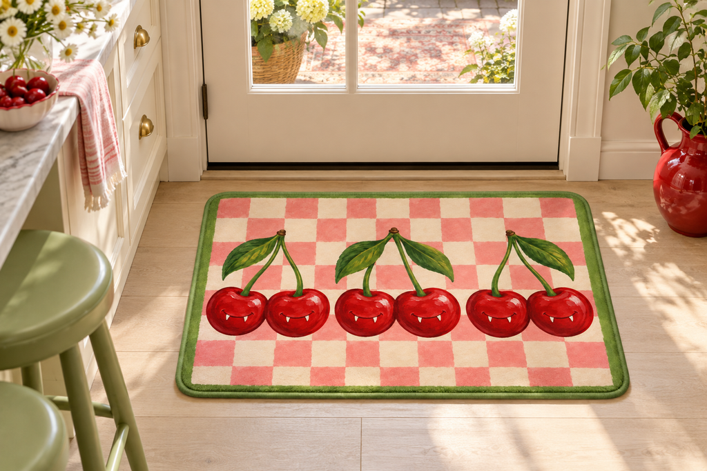 Vampire Cherry Check Printed Floor Mat, lifestyle view 1: One mat laid flat INSIDE the front door, full landscape mat and all four rounded corners visible at small accent-mat scale, angled downward photography.