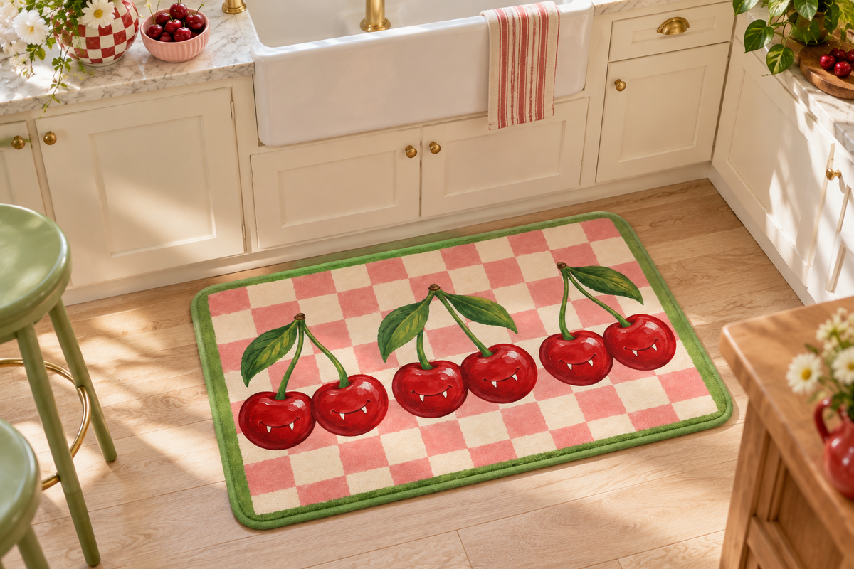 Vampire Cherry Check Printed Floor Mat, lifestyle view 2: One mat on the kitchen floor in front of a sink or coffee station, full printed surface readable, no furniture hiding the design.