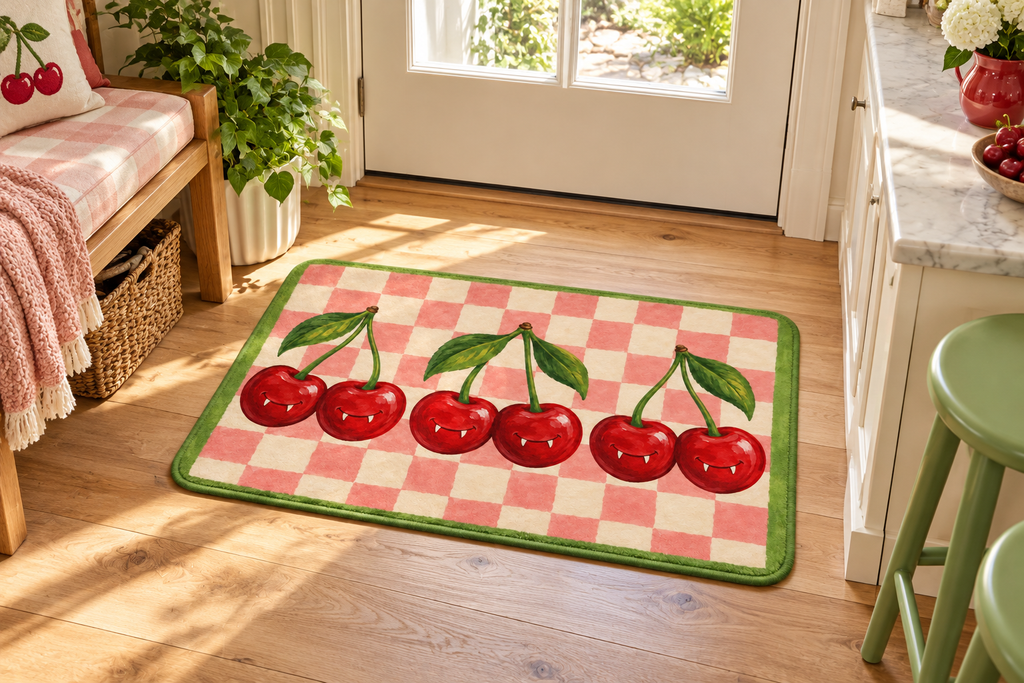 Vampire Cherry Check Printed Floor Mat, lifestyle view 3: One mat in a tidy indoor mudroom beside a small bench, photographed slightly above with realistic 16 by 24 inch scale.