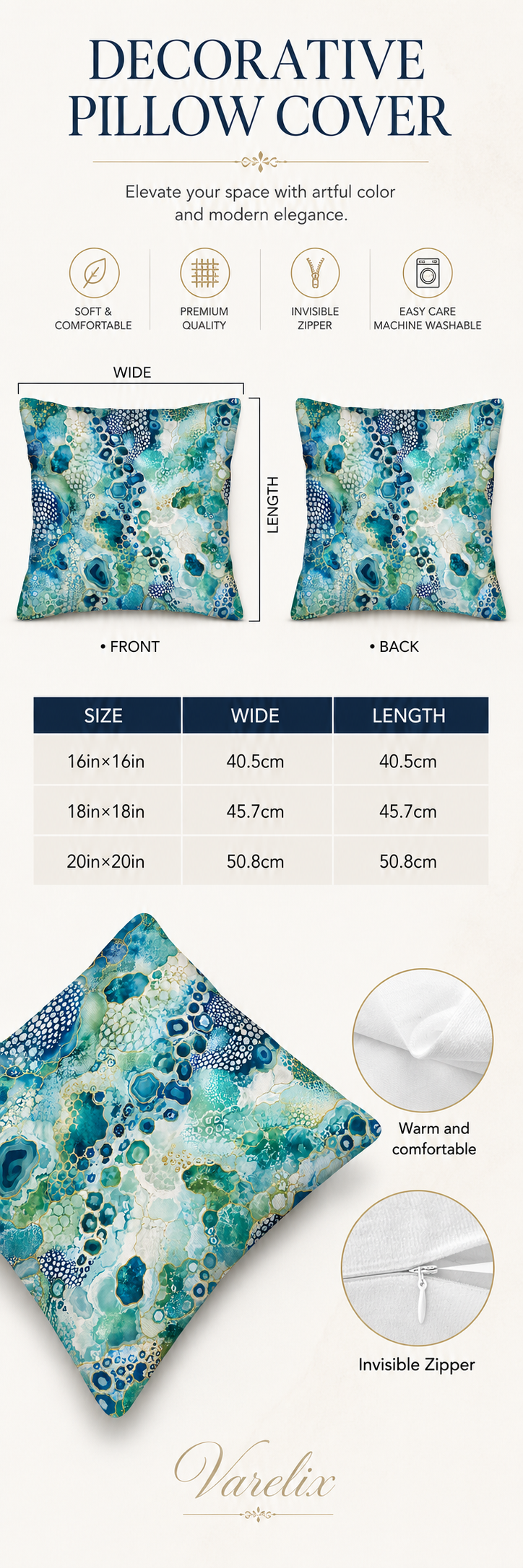 An infographic product detail page for the Varelix Luxury Abstract Agate Fluid Art decorative pillow cover, highlighting features such as soft & comfortable feel, premium quality fabric, invisible zipper, and an available size conversion guide.