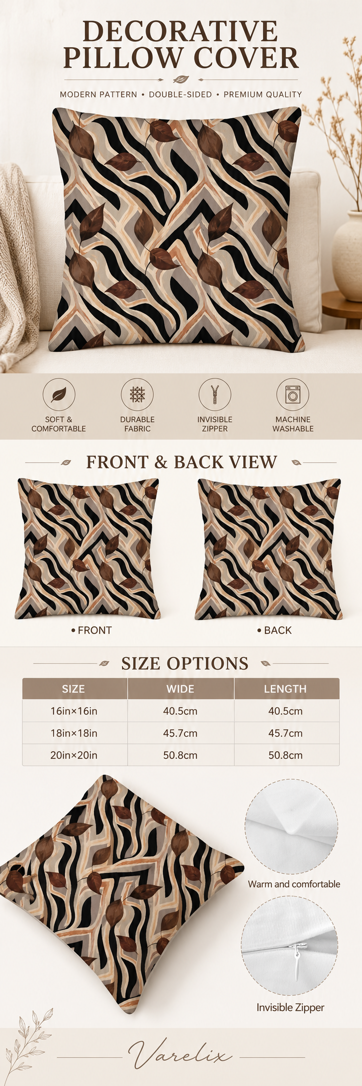 An infographic product detail page for the Varelix Modern Abstract Zebra & Autumn Leaves decorative pillow cover, highlighting features such as soft fabric, durable quality, invisible zipper, same pattern front and back, and available sizes.