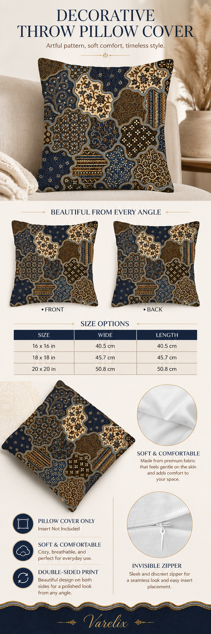 An infographic product detail page for the Varelix bohemian throw pillow cover, detailing dimensions from 16x16 to 20x20 inches, showcasing double-sided print, soft fabric, and invisible zipper features.