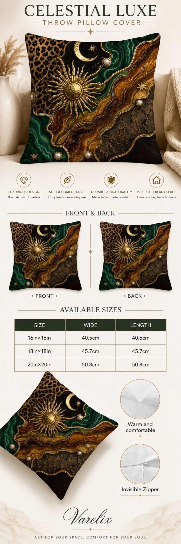 An infographic product detail page for the Varelix Celestial Luxe decorative pillow cover, displaying its luxurious bold design, double-sided printing, invisible zipper, and size selection guide.