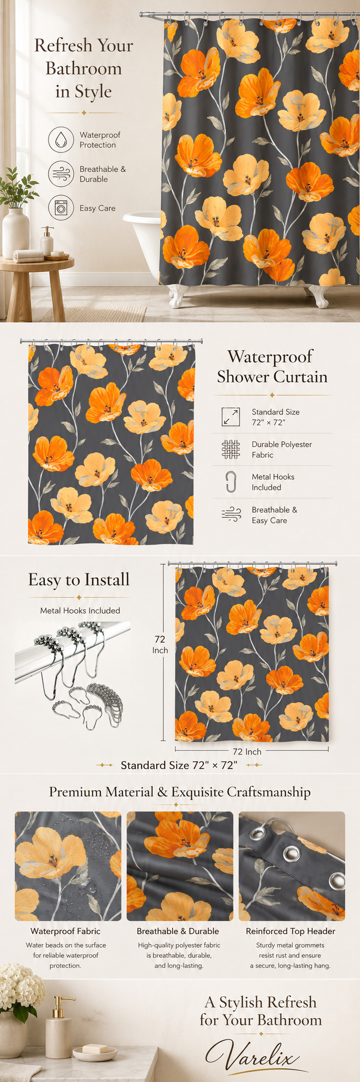An infographic product detail page for the Varelix Charcoal Grey Orange Poppy shower curtain, displaying dimensions 72x72 inches, waterproof fabric test, stainless metal grommets, and metal hooks included.