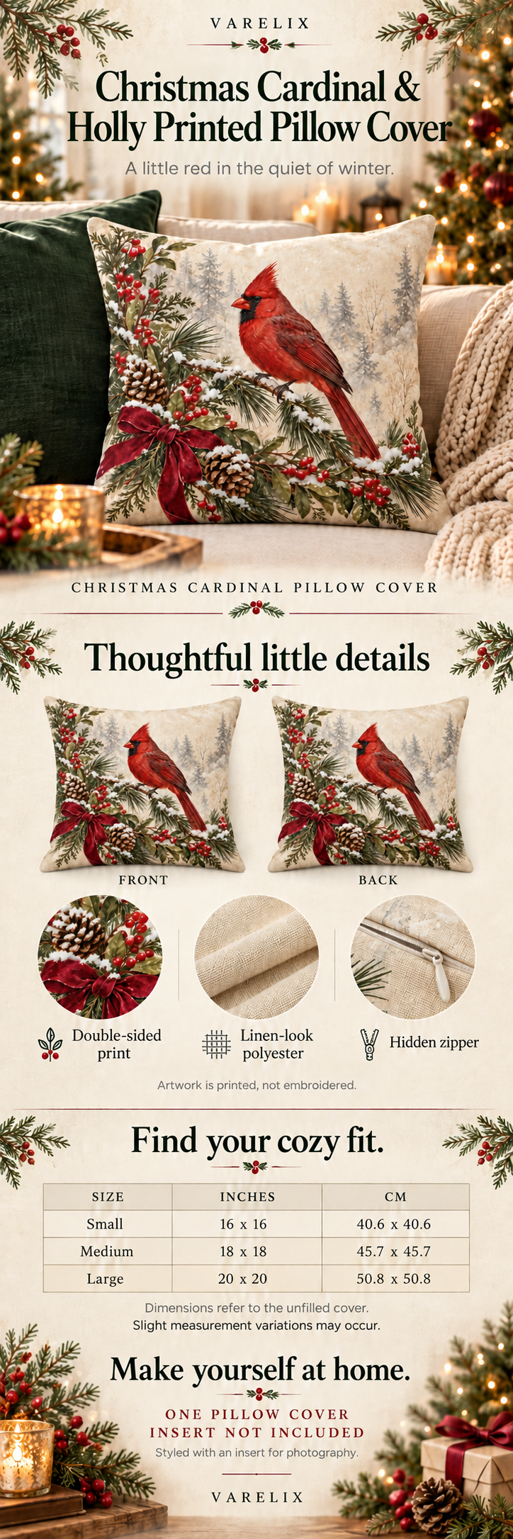 Christmas Cardinal & Holly Printed Pillow Cover A+ details showing the printed design, material, available sizes and package contents.