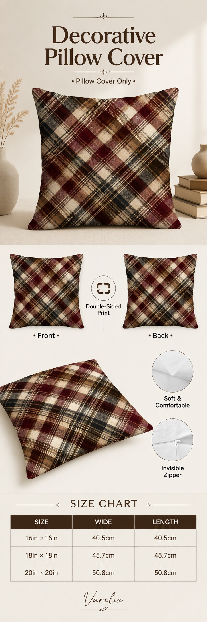An infographic product detail page for the Varelix Classic Tartan Plaid decorative pillow cover, displaying features like double-sided print, soft and comfortable material, invisible zipper, and a size conversion guide.