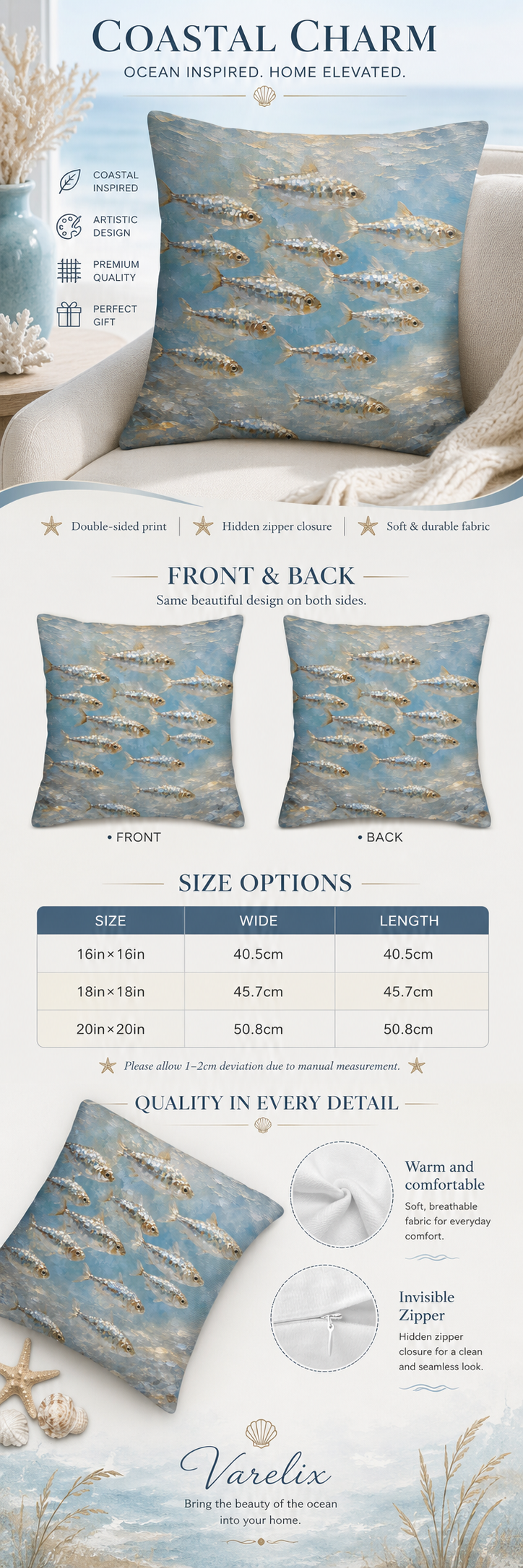 An infographic product detail page titled 'Coastal Charm' for the Varelix ocean-inspired fish school oil painting decorative pillow cover, displaying its double-sided print, size guide, and premium fabric details.