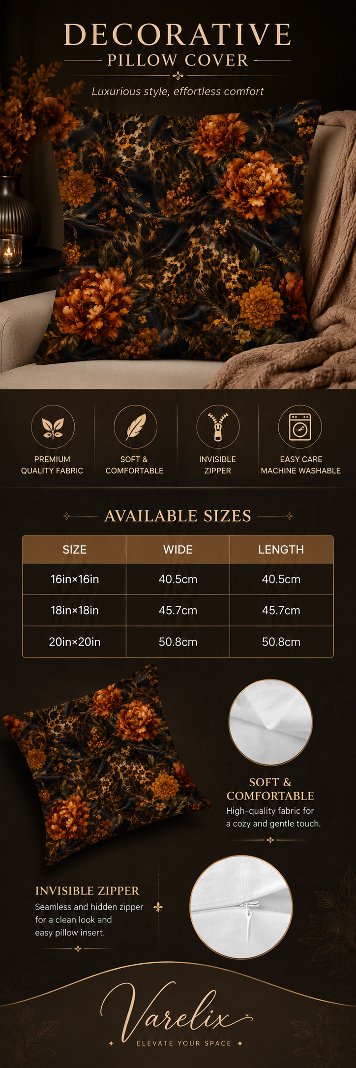 An infographic product detail page for the Varelix Luxury Dark Baroque Floral & Cheetah print decorative pillow cover, highlighting features such as premium quality fabric, soft & comfortable feel, invisible zipper, and available sizes.