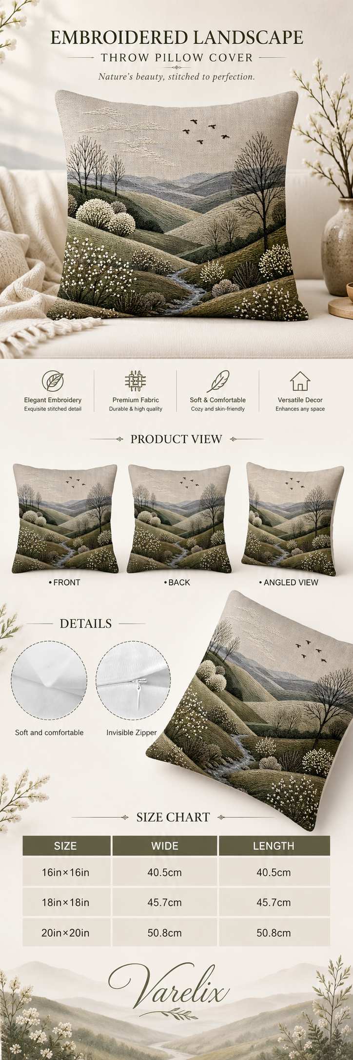 An infographic product detail page for the Varelix embroidered landscape throw pillow cover, displaying size options from 16x16 to 20x20 inches, along with product features like premium fabric and invisible zipper.