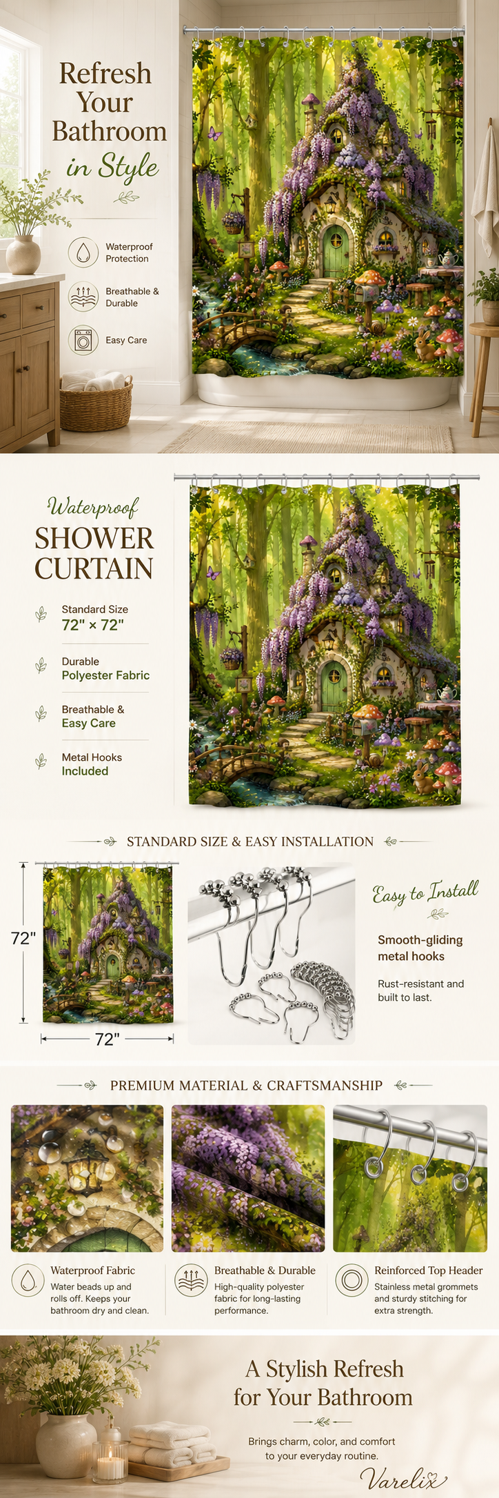 An infographic product detail page for the Varelix Enchanted Wisteria Cottage shower curtain, displaying dimensions 72x72 inches, waterproof fabric test, stainless metal grommets, and metal hooks included.