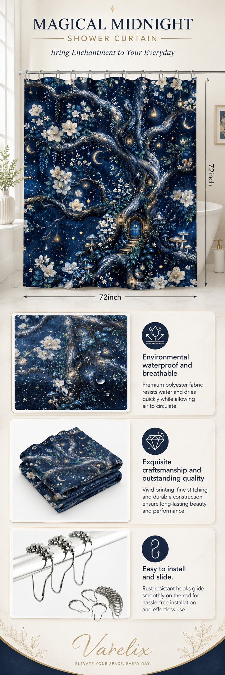 An infographic product detail page for the Varelix Magical Midnight shower curtain, showing dimensions 72x72 inches, waterproof fabric texture, neat folding quality, and rust-resistant curtain hooks.