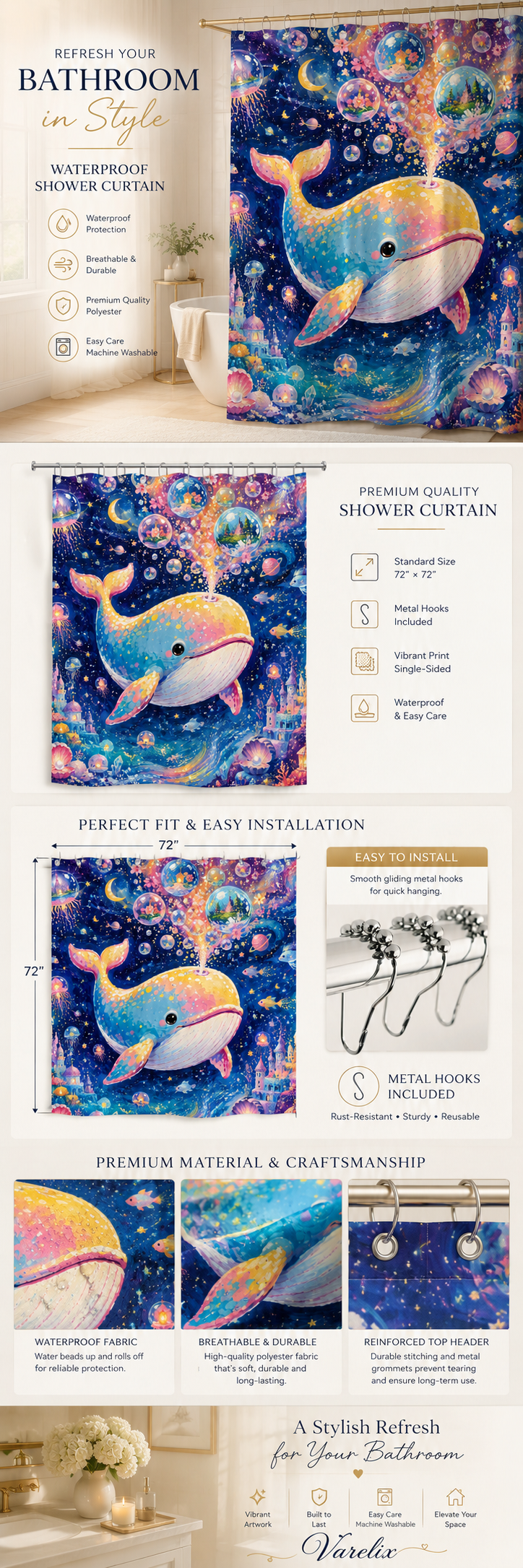 An infographic product detail page for the Varelix Magical Whale shower curtain, showing dimensions 72x72 inches, vibrant single-sided print, waterproof polyester fabric test, and 12 metal hooks included.