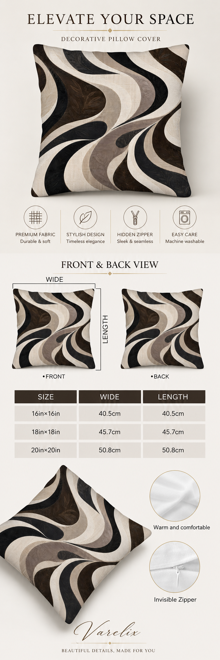 An infographic product detail page for the Varelix Modern Fluid Abstract decorative pillow cover, showcasing its premium fabric, stylish seamless design, same pattern on front and back, and a size guide.