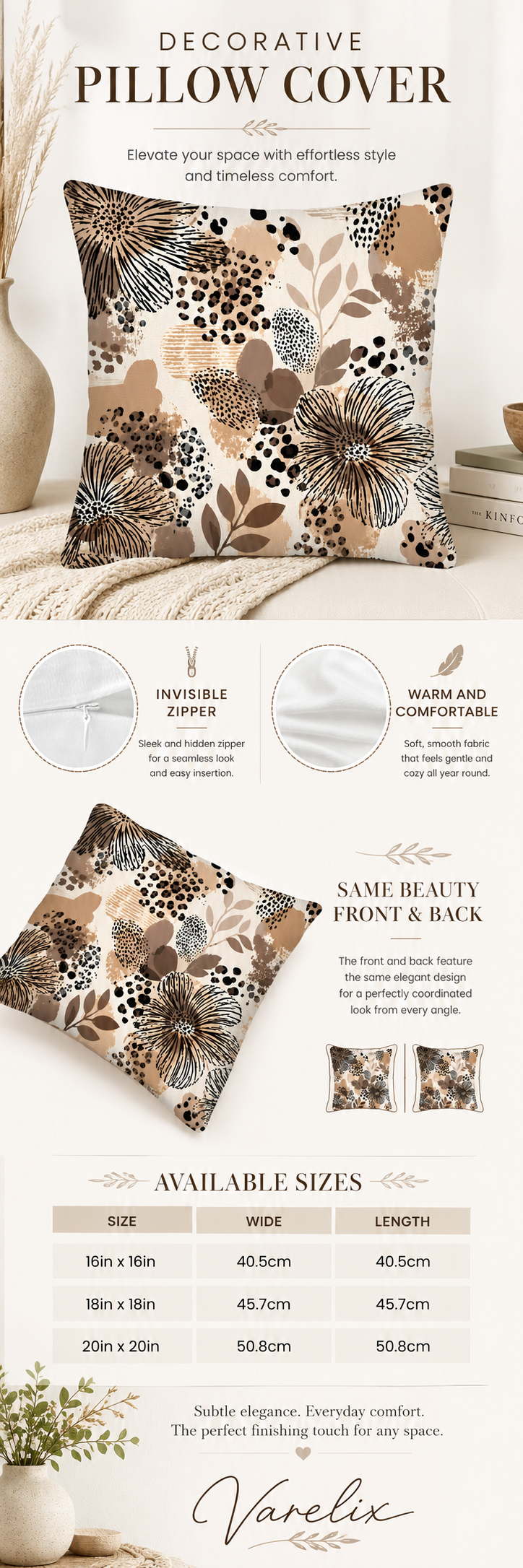 An infographic product detail page for the Varelix Modern Abstract Leopard & Floral decorative pillow cover, highlighting features such as an invisible zipper, soft touch fabric, same pattern front and back, and available sizes in inches and centimeters.