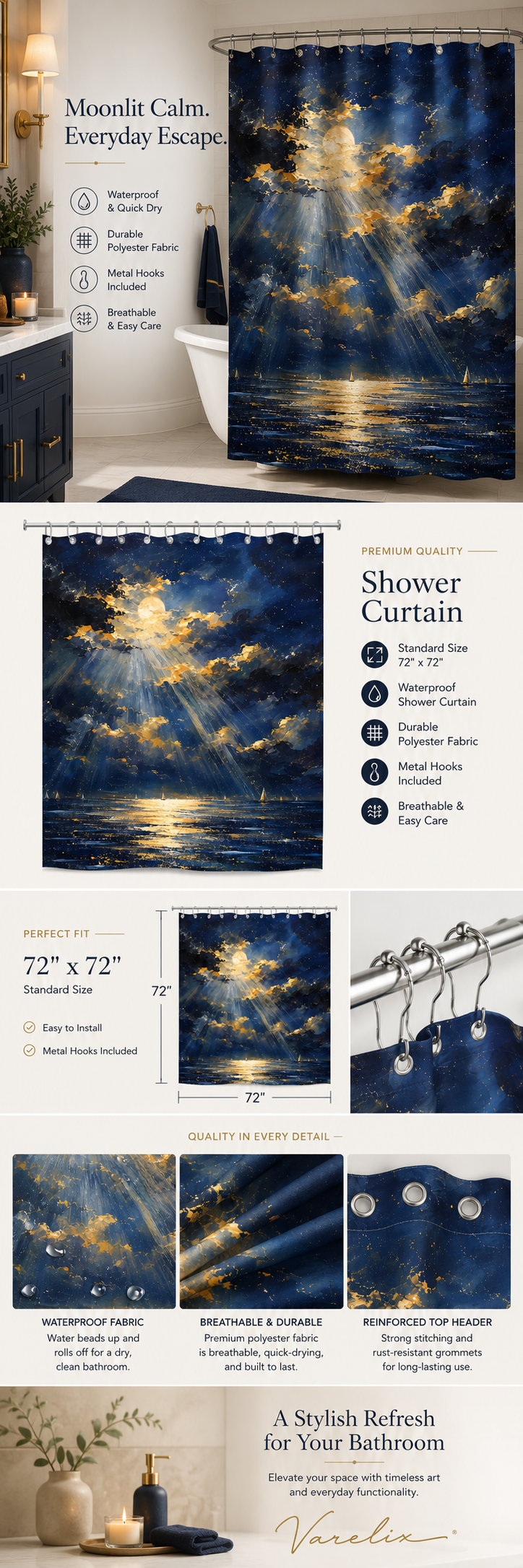 An infographic product detail page for the Varelix Moonlight Ocean shower curtain, displaying dimensions 72x72 inches, waterproof fabric test, stainless metal grommets, and metal hooks included.