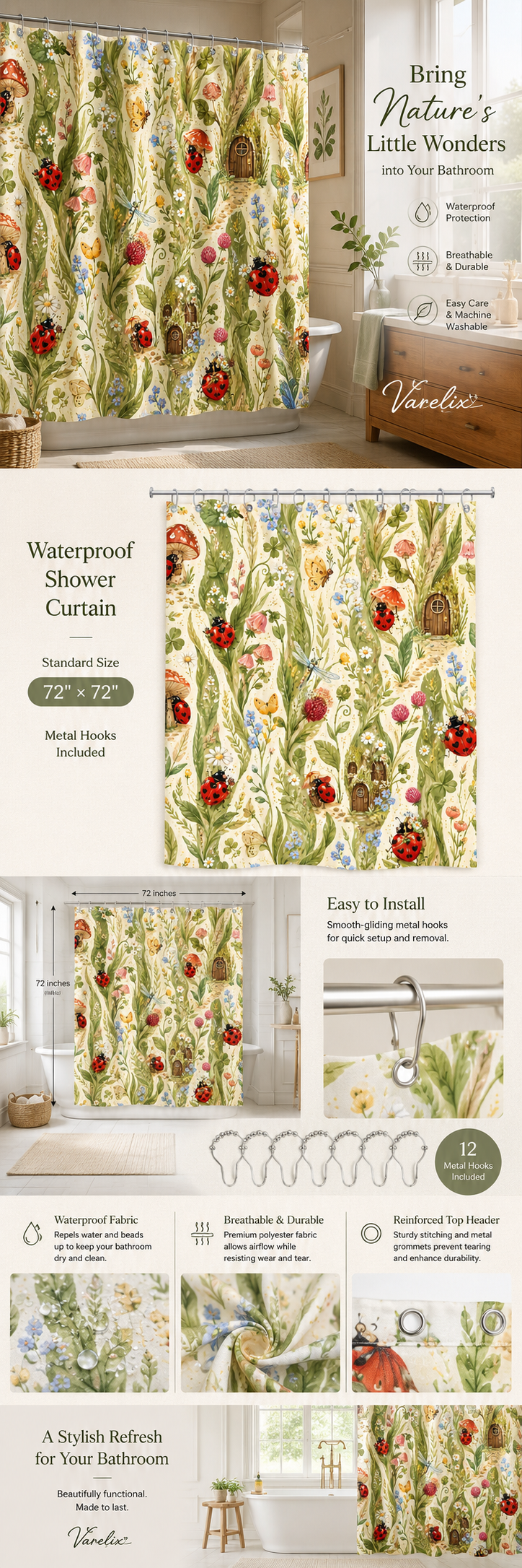 An infographic product detail page for the Varelix Nature's Little Wonders ladybug shower curtain, displaying dimensions 72x72 inches, waterproof fabric test, metal grommets, and 12 metal hooks included.