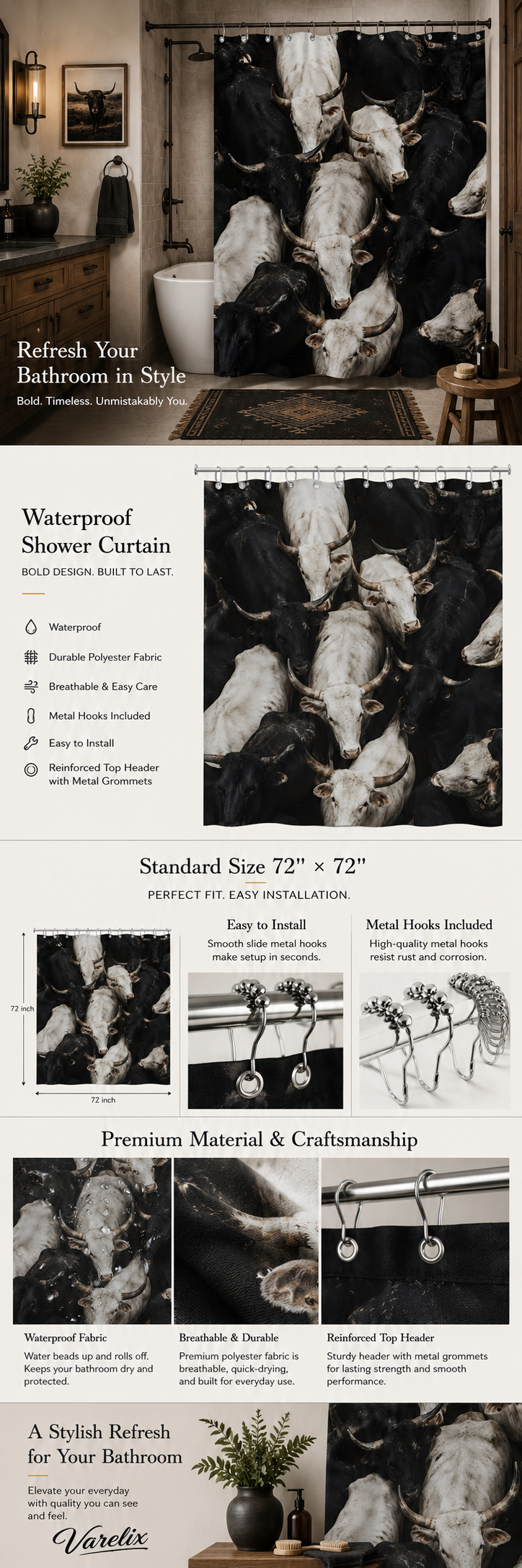 An infographic product detail page for the Varelix Rustic Black and White Longhorn Cattle Herd shower curtain, displaying dimensions 72x72 inches, waterproof fabric test, stainless metal grommets, and metal hooks included.