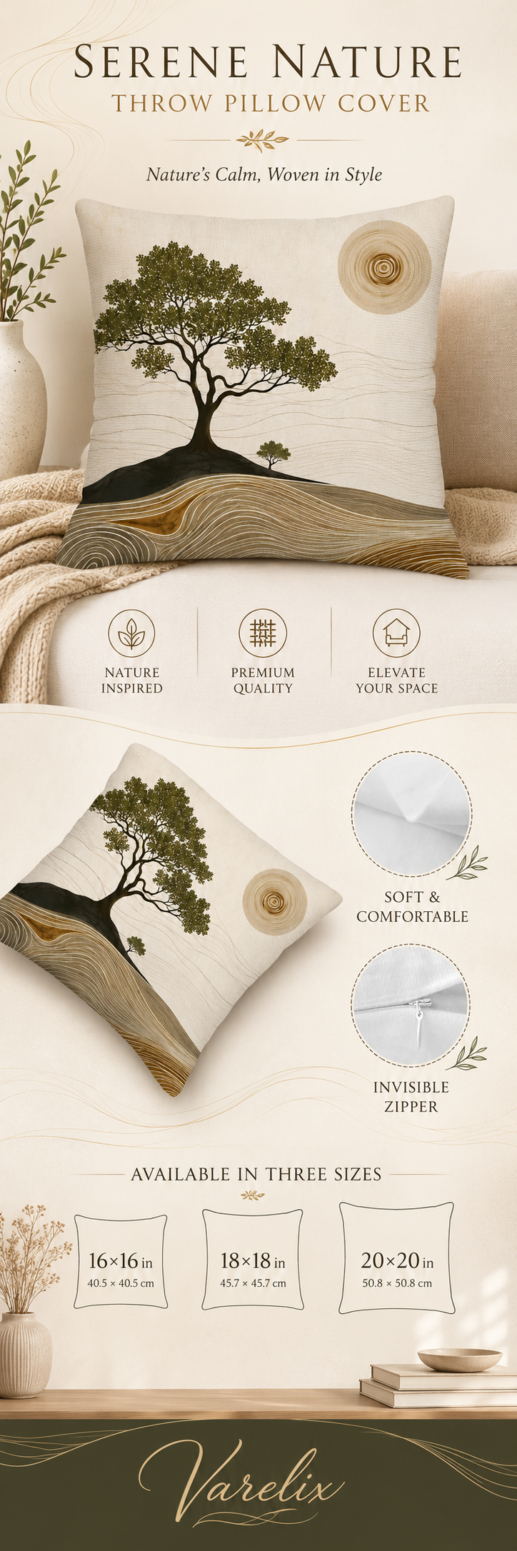 An infographic product detail page for the Varelix Serene Nature throw pillow cover, showing sizes 16x16, 18x18, and 20x20 inches, highlighting features like premium quality fabric and an invisible zipper.