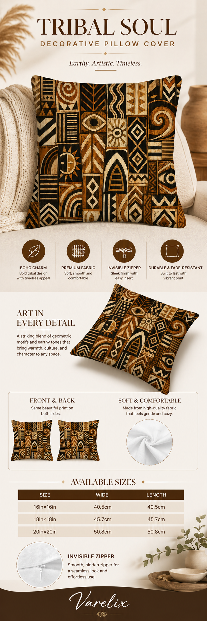 An infographic product detail page for the Varelix Tribal Soul decorative pillow cover, showcasing size options (16x16, 18x18, 20x20 inches) and detailed features such as boho charm, premium fabric, and an invisible zipper.