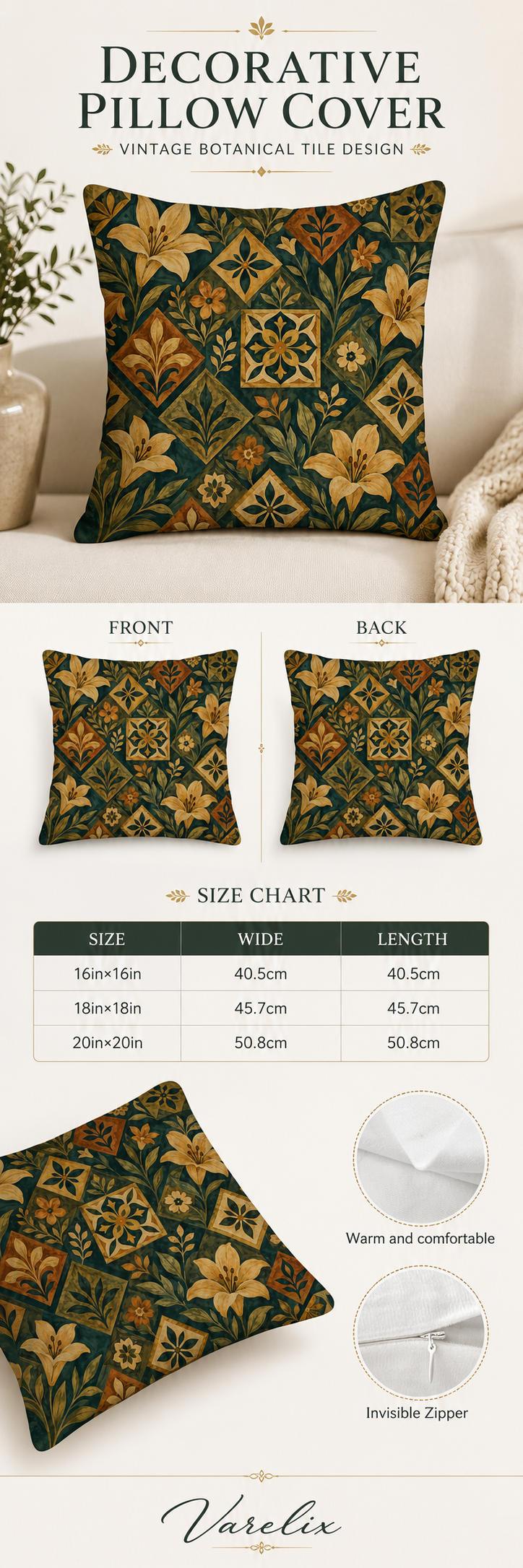 An infographic product detail page for the Varelix Vintage Botanical Tile decorative pillow cover, showcasing size options in inches and centimeters, double-sided printing, soft fabric texture, and an invisible zipper.
