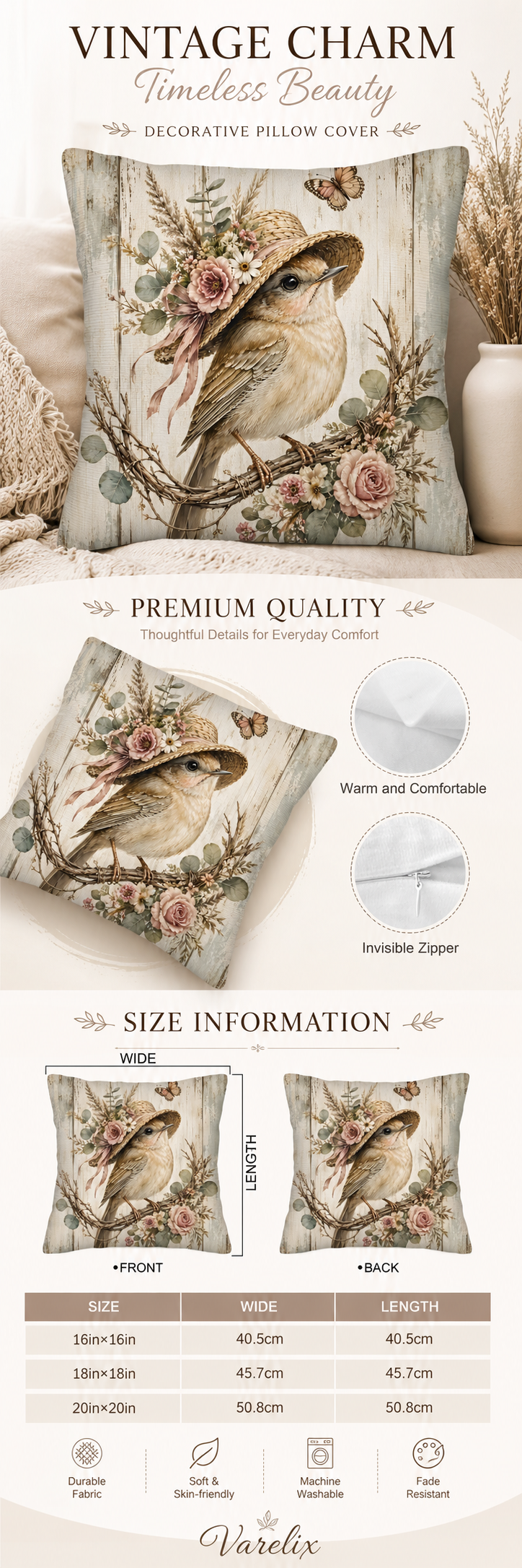 An infographic product detail page titled 'Vintage Charm' for the Varelix songbird and floral decorative pillow cover, displaying features like durable fabric, invisible zipper, and a size information table.