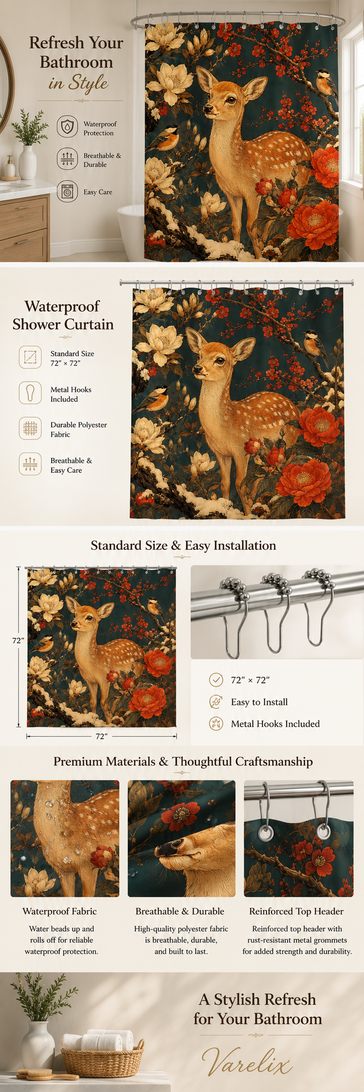 An infographic product detail page for the Varelix Vintage Fawn shower curtain, displaying dimensions 72x72 inches, waterproof fabric test, stainless metal grommets, and metal hooks included.