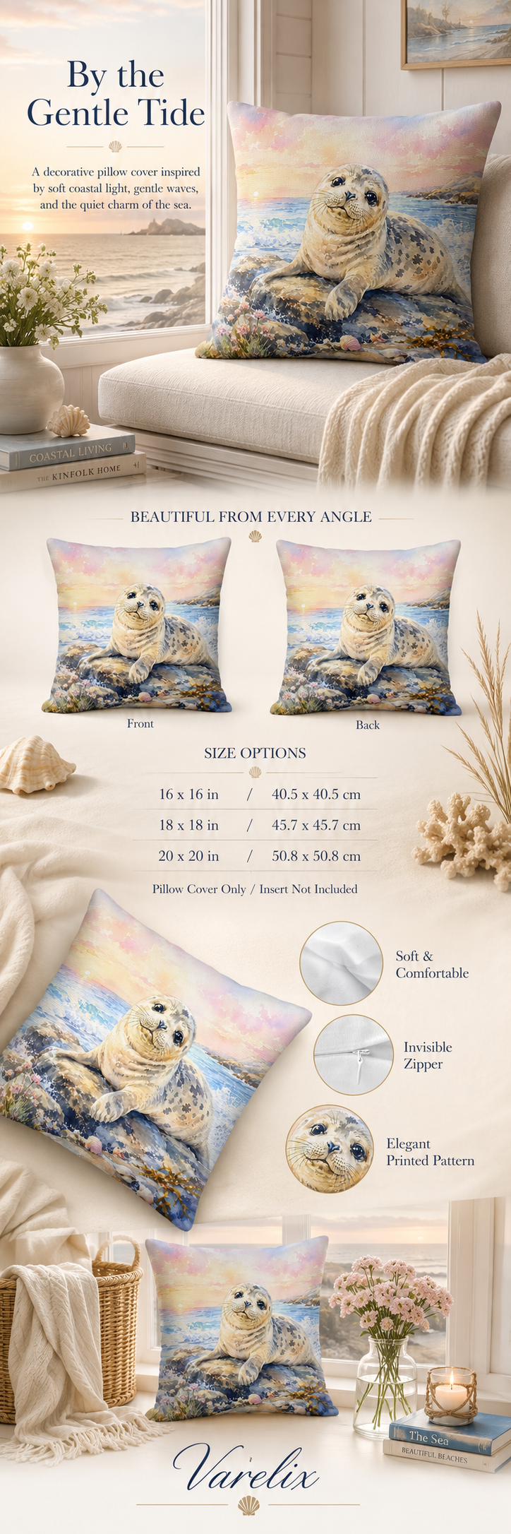 An infographic product detail page for the Varelix seal pillow cover, detailing size options from 16x16 to 20x20 inches, highlighting the invisible zipper, soft fabric, and elegant printed pattern.