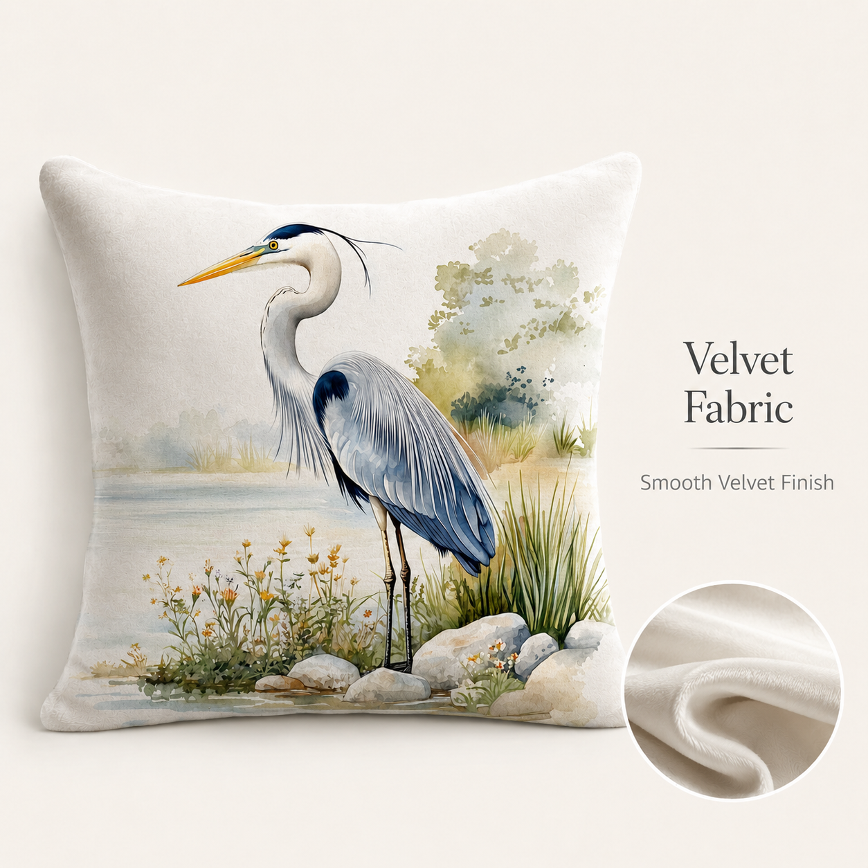 Velvet heron pillow cover with smooth fabric texture and graceful watercolor illustration.